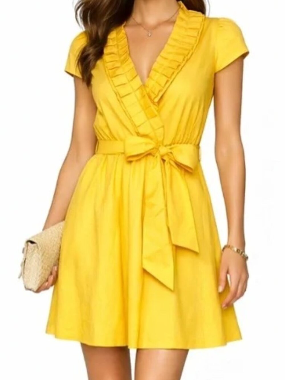 MAX & CLEO Yellow Ruffle Wrap Dress – Size 4 | Belted Fit & Flare Mini